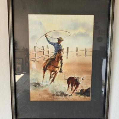 Professionally Framed Original Watercolor: Cowboy Roping in Action	