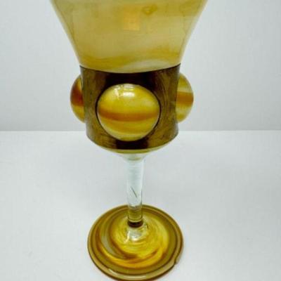 Amber Honey Handblown Goblets w/ Decorative Caged Design	