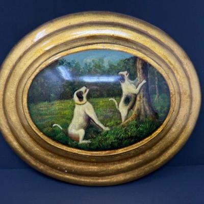 Gold Tone Glazed, Convex Wood Wall Hanging Decor - Playful Dogs Portrait	