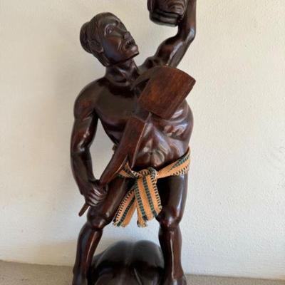 Large Wood Statue Of Tribal Warrior Headhunter w/ Severed Head	
