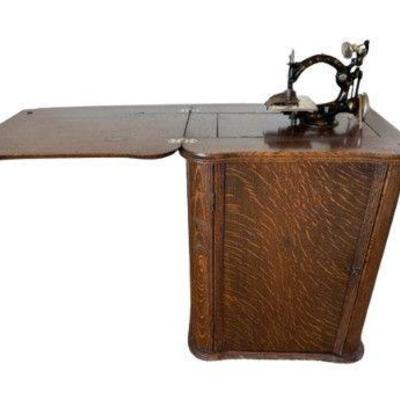 Antique Cast Iron Mini Sewing Machine w/ Solid Wood Cabinet	