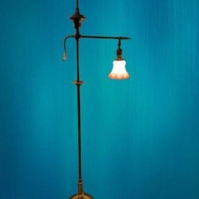 Antique French Style Brass Adjustable Table Lamp w/ Cranberry Swirl Glass Shade	