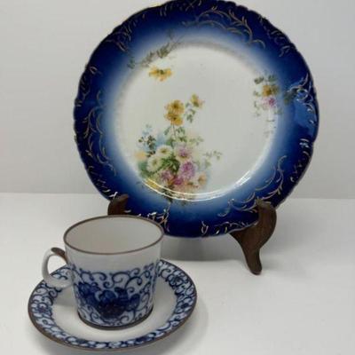Russian Blue Bird Cup & Saucer + CT Bowl Blue w/ Gold Trim	