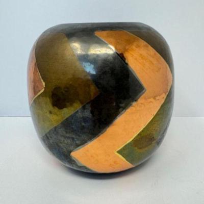Raku-Style Studio Pottery Vase - Brown Clay w/ Metallic Silver & Gold Design	