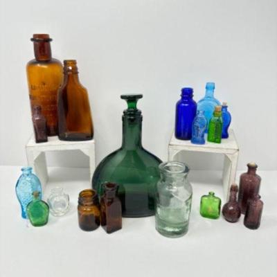 Antique Glass Bottles: Various Colors, Textures, & Sizes	