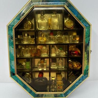 Green Octagonal Display Cabinet w/ Assorted Vintage Perfume Bottles	