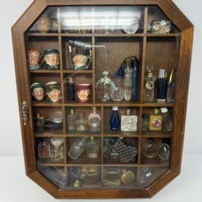 Wooden Shadow Box w/ Vintage Perfume Bottles & Collectibles	