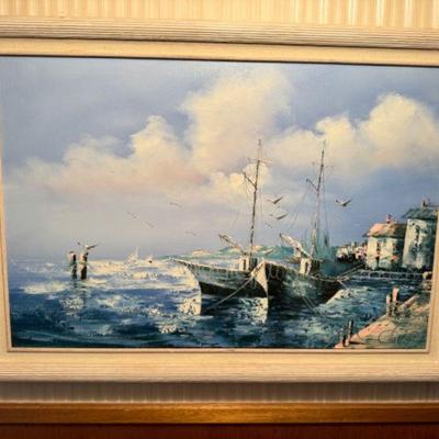 Artwork Signed by Tesororro - Twin Schooners in Bustling Harbor	