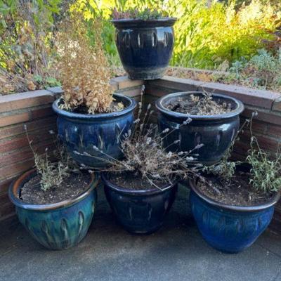 Set of 6 Medium Drip Glazed Teal & Blue Ceramic Planters	
