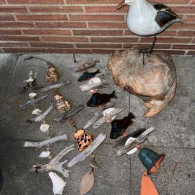 Handcrafted Driftwood & Pottery Wind Chimes w/ Large Seagull + Base	