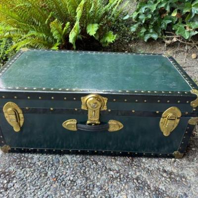 Vintage Green Steamer Trunk w/ Brass Hardware	