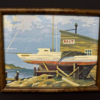Framed Original Painting Of A Sailboat Docked By A Bait Shop	