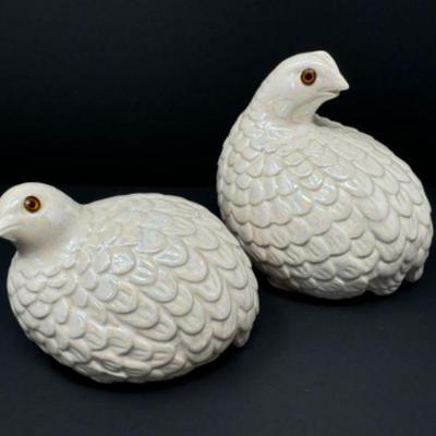 Arnel's Handmade Pair of Lusterware White Quail Bird Figurines - Signed	