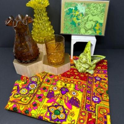 Groovy 70s Glass & Art Collection: Funky Vases, Cherubic Charm, Amber Glass +	