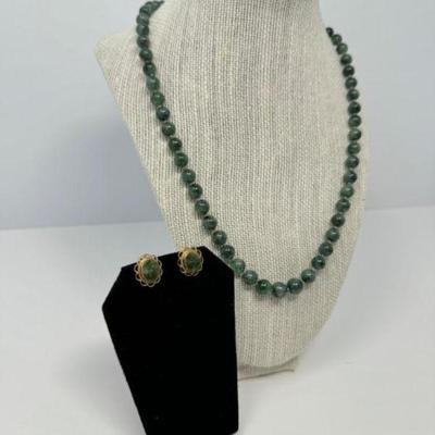 ﻿Jade Necklace & Earrings Set: 14kt Gold Clasp & 14k Gold-Filled Backs	
