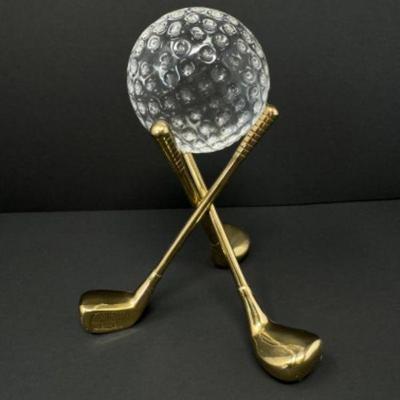 Vintage Golf Desk Display w/ Glass Ball & Brass Clubs﻿	