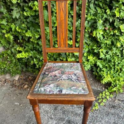 Slatback Wooden Chair w/ Upholstered Seat in Hunting Scene	