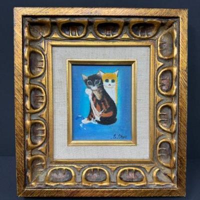 Signed Portrait of Two Shorthair Cats by S. Shou in Ornate Gilt Frame	