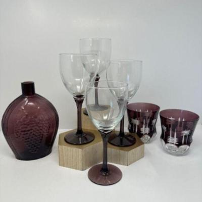Waterford Short Glasses, Blown Glass Flask & Lavender Stemware Set	