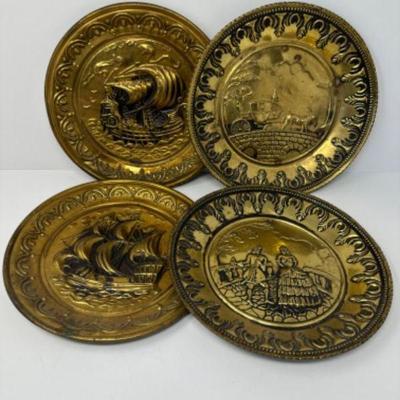 Vintage English Embossed Brass Wall Plates – Decorative Tin Hangings	