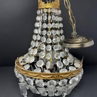 Vintage French Crystal Chandelier w/ Glass Pearls & Metal Frame	