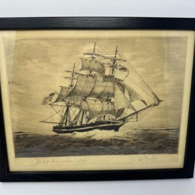 Black & White Portrait: Historic Ship Columbia (1792) Signed By Bos Kowles	