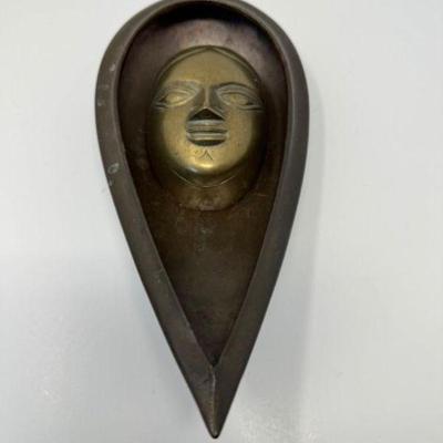Unique Brass Face Plaque w/ Wood Leaf Mount	