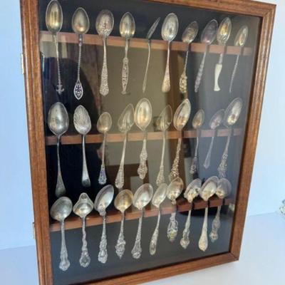 Glass Display Case Filled w/ Sterling Silver Spoons	