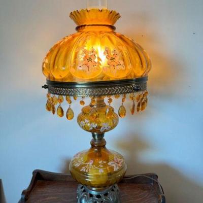 Vintage Amber Glass Boudoir Lamp w/ Floral Design & Crystal Accents	