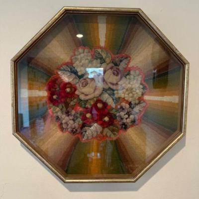 Elegant Floral Embroidery: Still Life in Octagonal Frame	
