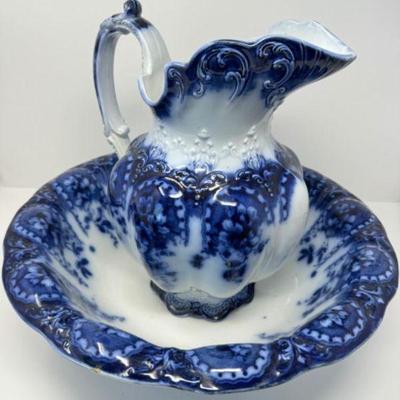 Large Blue & White Pitcher w/ Washbasin Set	