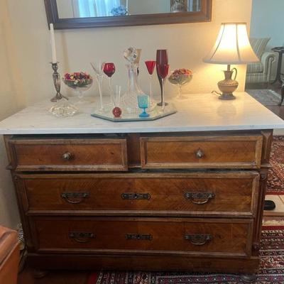 Petite French Antique Marble Top Chest of Drawers Country French circa 1790-1820 (does have some damage)