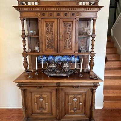 Antique Hand Carved Wood Breakfront Cabinet