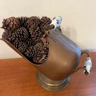 Antique Copper Coal Scuttle Bucket Porcelain Handles