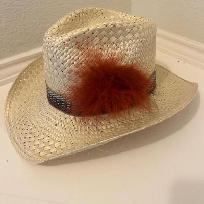 Vintage Resistol Stagecoach Straw Cowboy Hat with Feathers