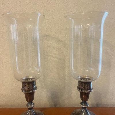 Pair of Etched Glass Sterling Silver Hurricane Candle Holders