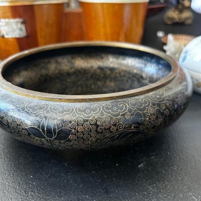 Chinese Bronze Cloisonné Enamel low footed bowl black turquoise 
