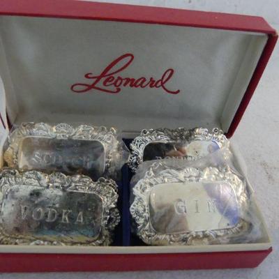 Vintage Leonard Silverplate Set of 4 Liquor Bottle Labels in Box - Bourbon, Gin, Vodka & Scotch