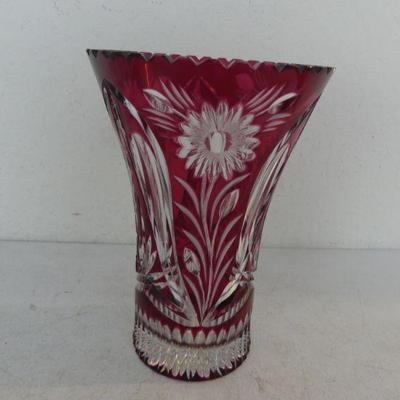 Vintage Bohemian/Czech Crystal/Cranberry Sawtooth Rim Vase - 7¼" Diameter x 10¼" Tall