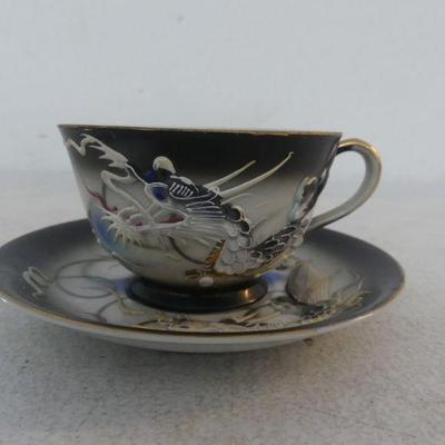 Vintage (Possibly Satsuma) Moriage Geisha Lithophane Teacup & Saucer Set - Detailed Dragon