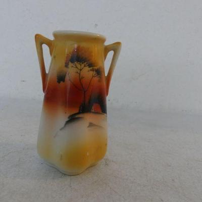 Vintage Hand Painted Double Handle Bud Vase - Pastoral Scene on Yellow/Orange Background