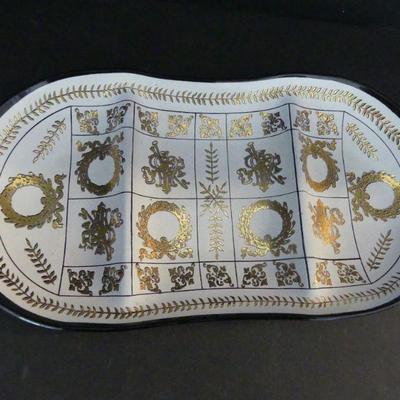 Signed Vintage 1950s Georges Briard Smoke Glass/White/Gilt Bent Glass 3-Section Dish