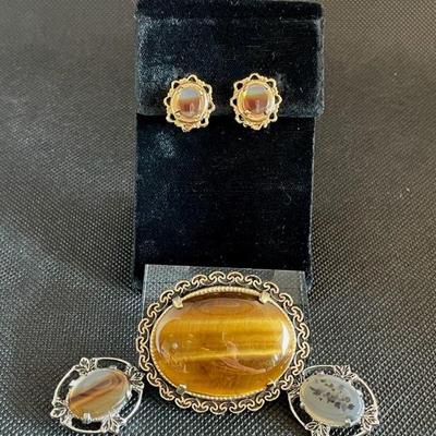 Beautiful Semi Precious Stones Pins * Clip On Earrings * Brooch ( needs repair )
