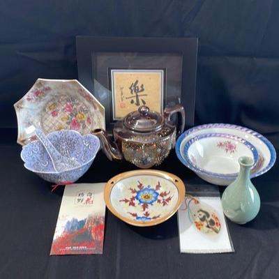 Vintage Painted Redware Ceramic Teapot * Porcelain Bowls * Asian Character Art * Bookmarks * Vase

