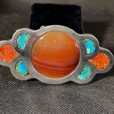 Semi Precious Stone Belt Buckle * Banded Amber Agate Type Stone * Turquoise/Coral Colors Accents

