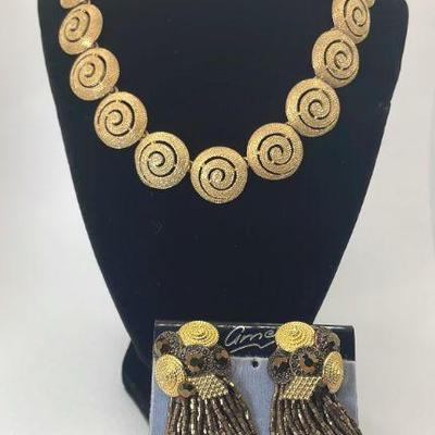 Golf Toned Swirl Design Metal Necklace * Ames Gold Tone * Bronze Beaded Clip On Earrings

