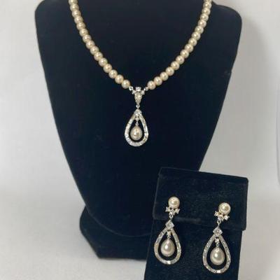 Vintage Trifari Simulated Pearls * Crystal * Drop Pendant Necklace * Clip On Earrings Set
