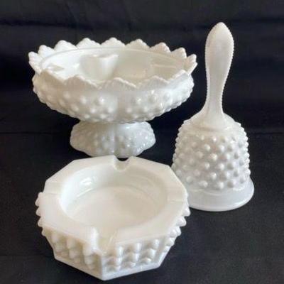 Fenton White Hobnail Milk Glass * Candleholder Bowl * Bell * Ashtray
