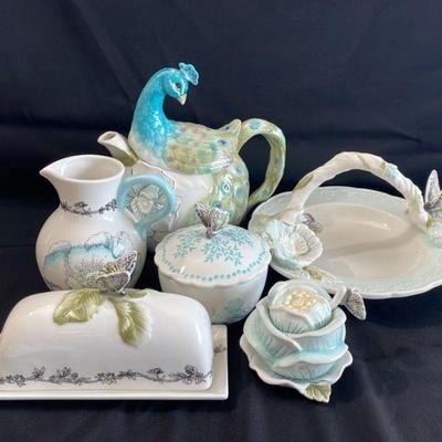 Edie Rose Bloom * Peacock Collection * Tea Set * Bowl w Handle * Butter Dish
