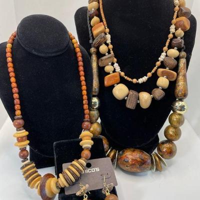 Variety of Wood Necklaces * Chico’s Pierced Wood Earrings
